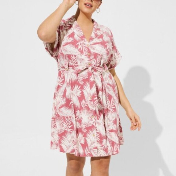 torrid Dresses & Skirts - Torrid Shaded Palms Mini Rayon Slub Button Front Collared Dress Rose Size Large